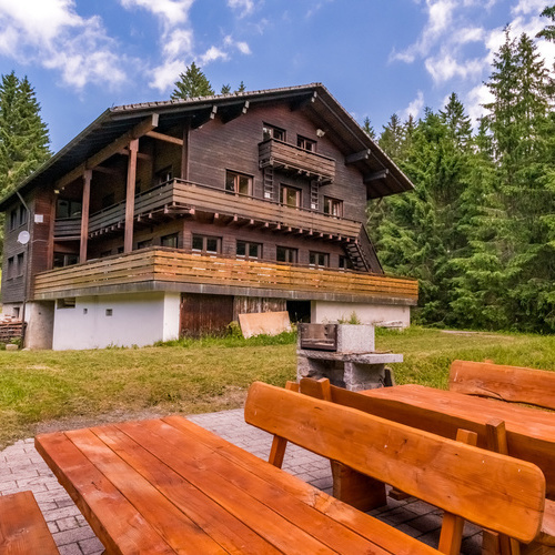 Au&szlig;enbereich mit Holztische und B&auml;nke sowie ein gemauerter Grill im Hintergrund das Haus Bergried umgeben von gr&uuml;nen B&auml;umen - 