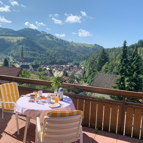 Blick vom Frühstückstisch von der Terrasse auf Schönau und die umliegenden Wälder - Blick vom Frühstückstisch von der Terrasse auf Schönau und die umliegenden Wälder -