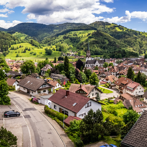 Blick auf Schönau mit den umliegenden grünen Wälder und Hügel - Blick auf Schönau mit den umliegenden grünen Wälder und Hügel -